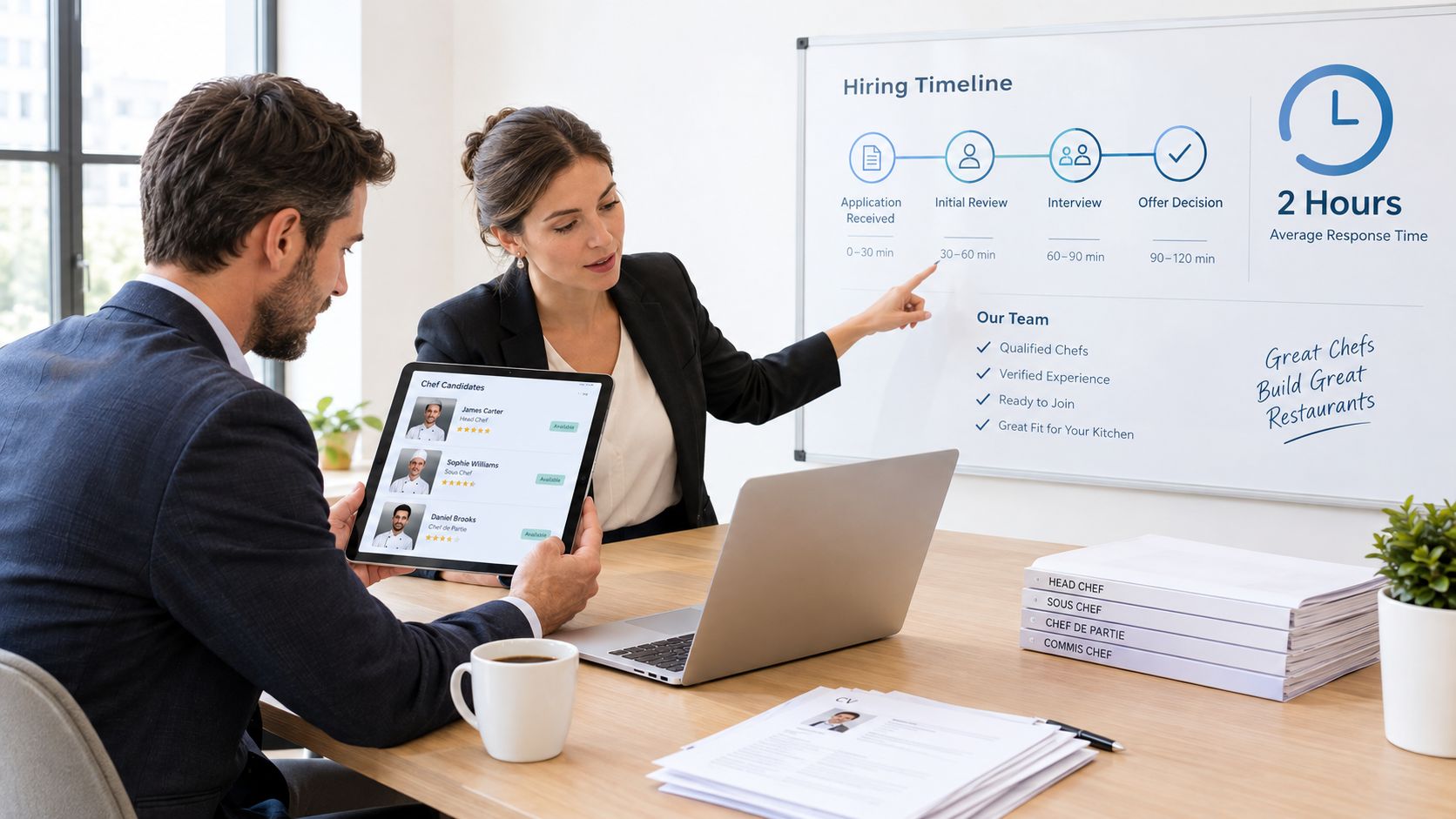 A professional woman presenting a hiring process to a man during a business meeting in an office.
