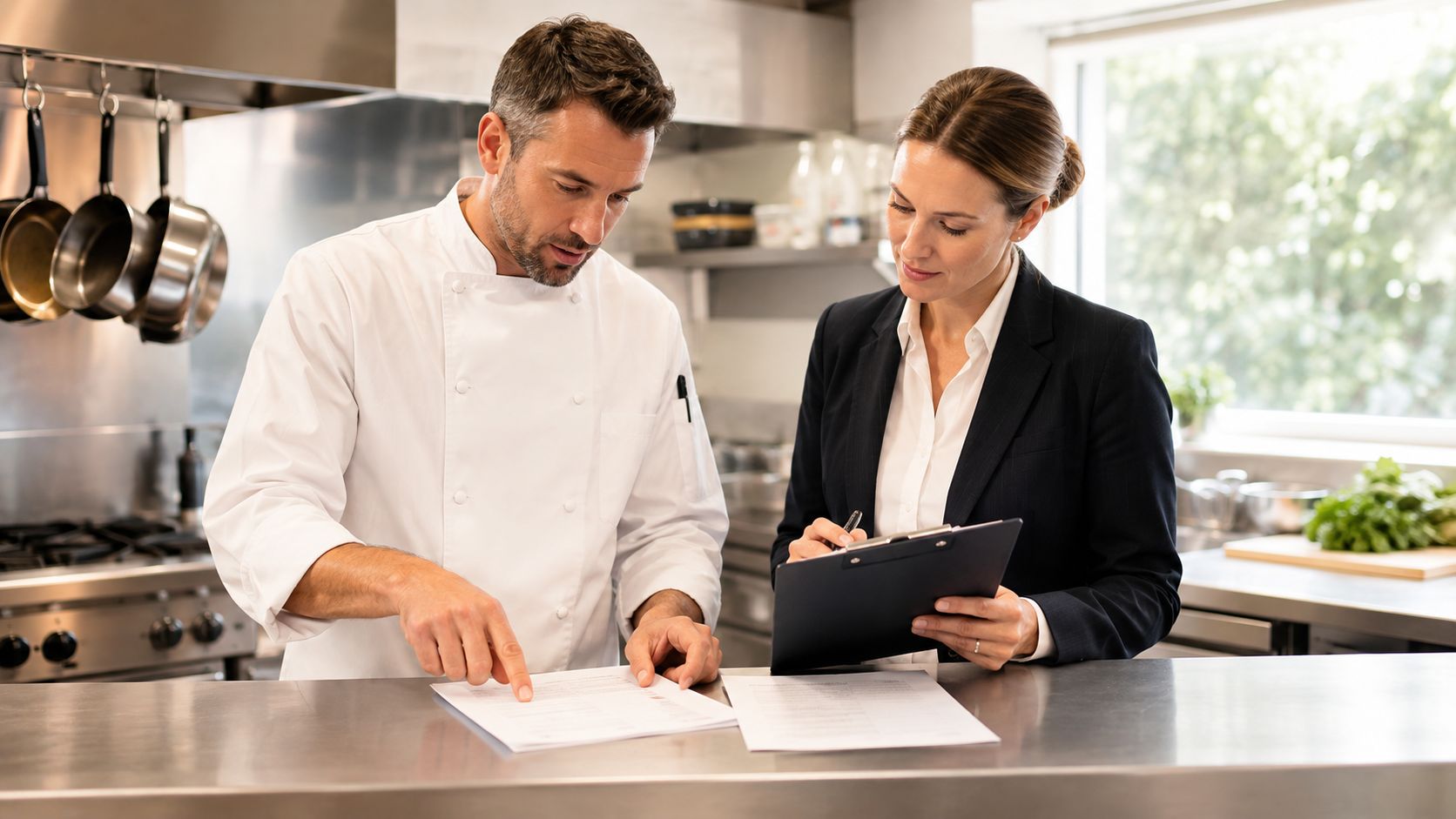 A professional chef in uniform and a businesswoman in a suit reviewing documents in a restaurant kitchen.