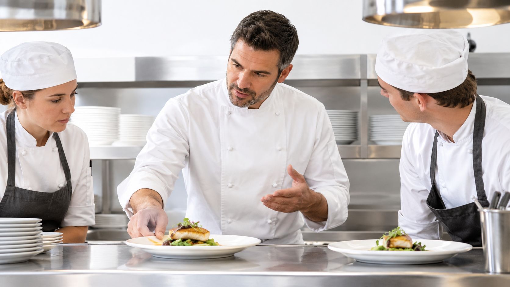 A professional executive chef teaching two sous chefs how to plate a gourmet fish dish in a kitchen.