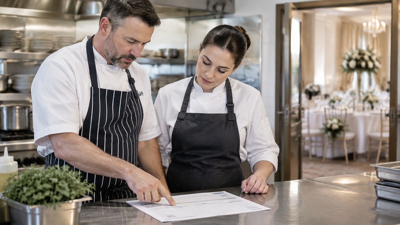 An executive chef and sous chef reviewing a schedule on a printed document in a professional kitchen.