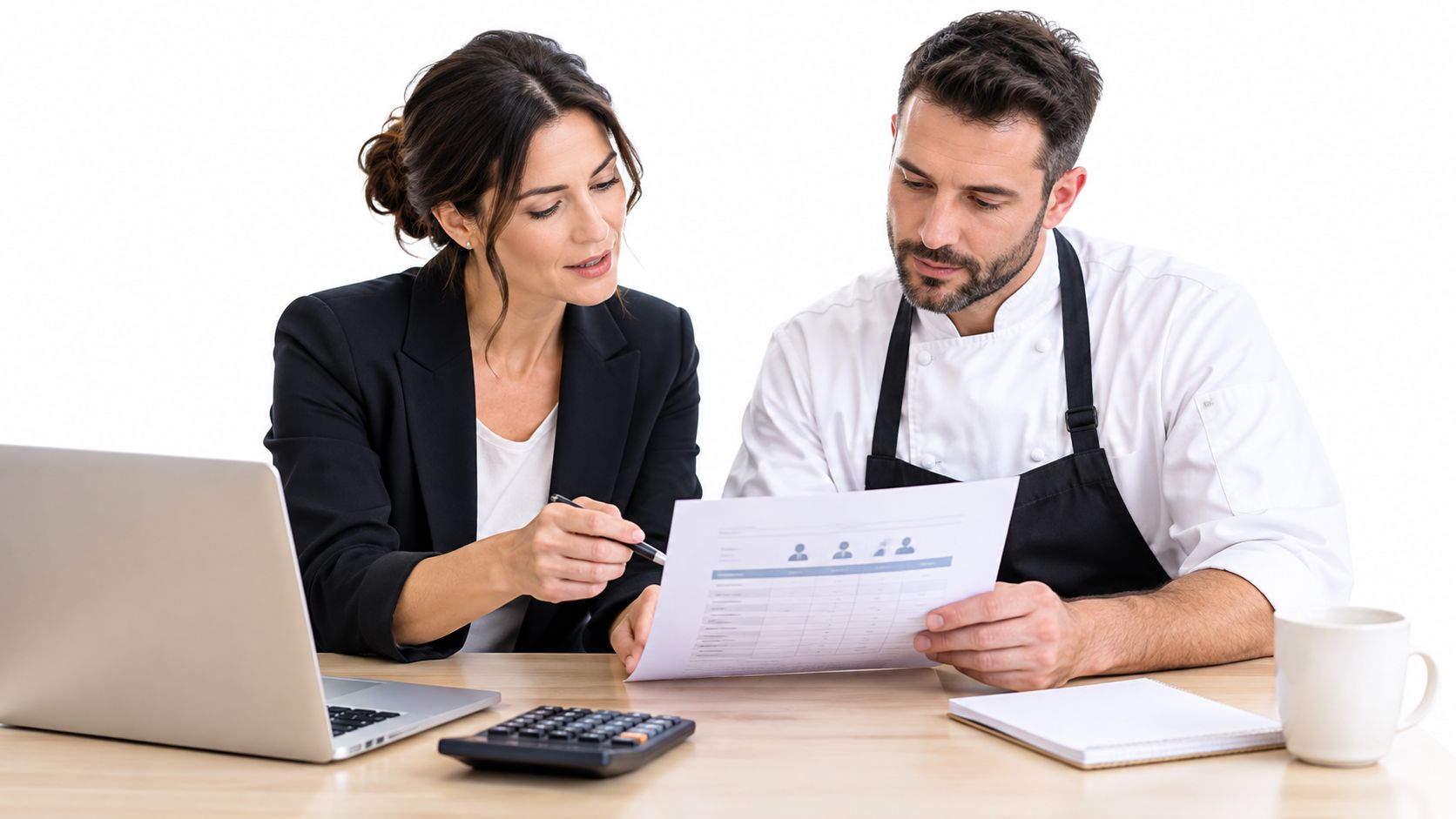 A professional business consultant discussing financial documents with a chef in a modern office workspace setting.