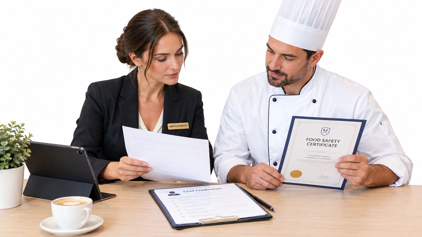 A hospitality manager reviews a chef's food safety certificate and professional credentials at an office desk.