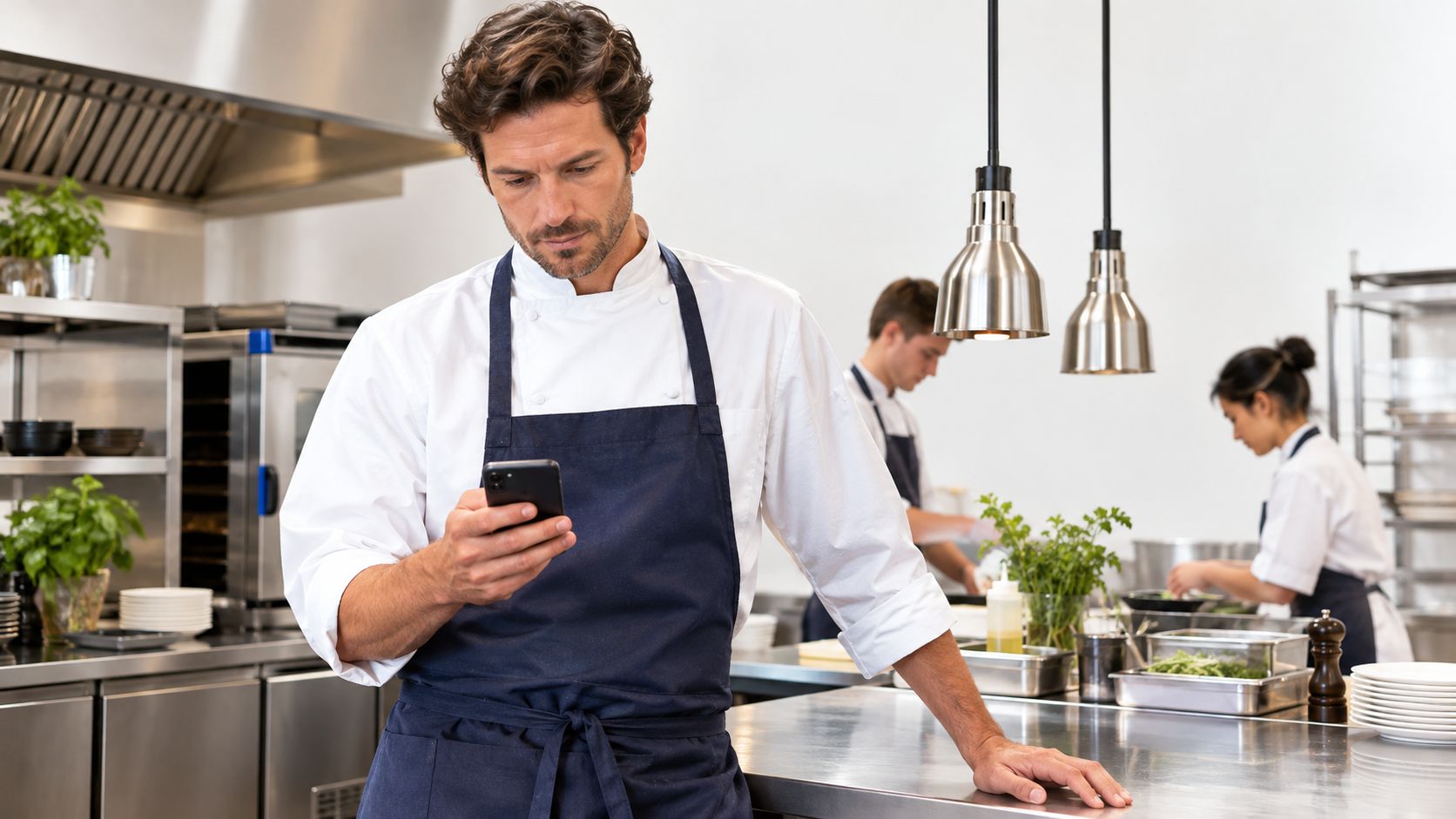 A professional chef in a commercial kitchen checking his smartphone while other staff members prepare food.