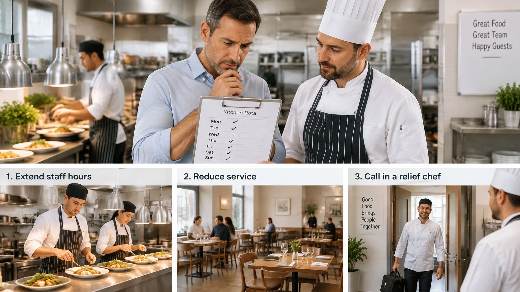 A restaurant manager and head chef review a kitchen staff schedule before implementing staffing solutions.