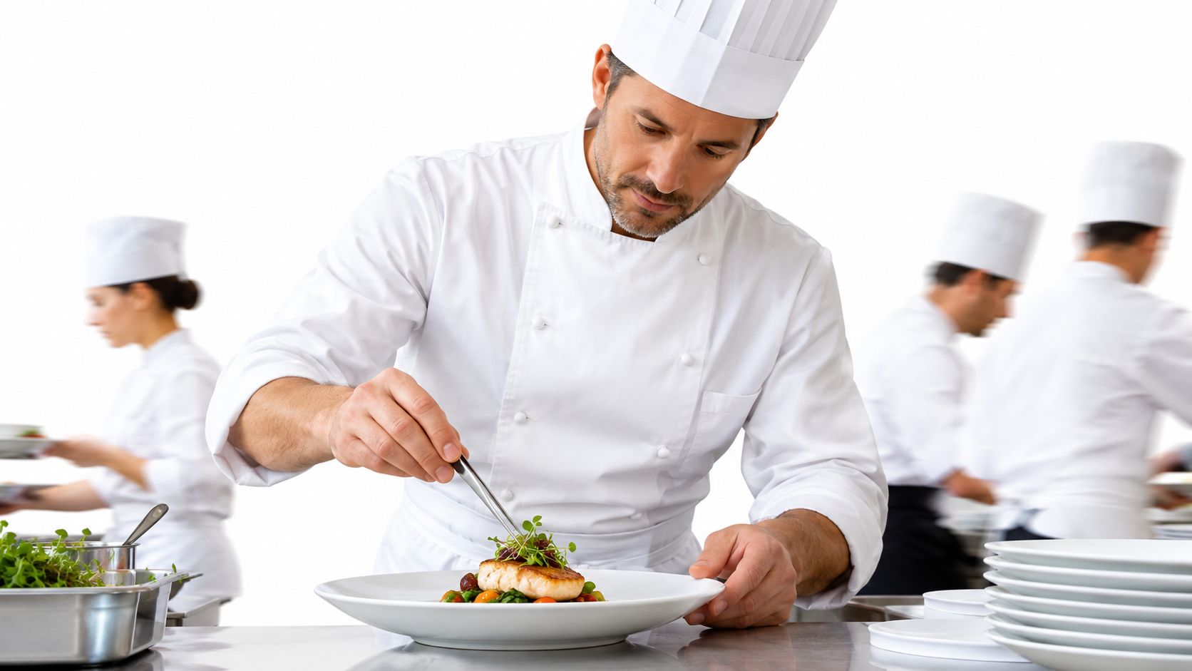 A professional chef meticulously plates a gourmet fish dish using kitchen tweezers in a restaurant kitchen.