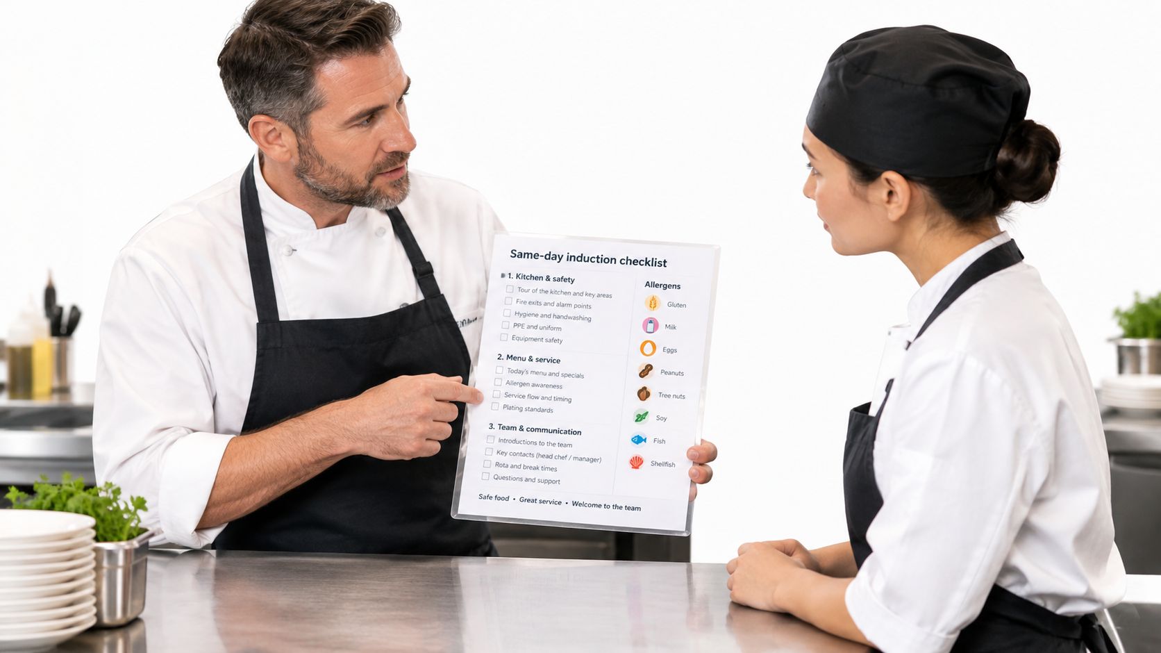 A professional male chef holding a same-day induction checklist and training a new female kitchen staff member.