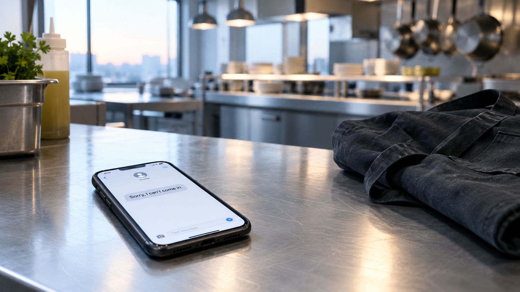A smartphone on a professional kitchen counter displays a text message saying, Sorry, I can't come in.