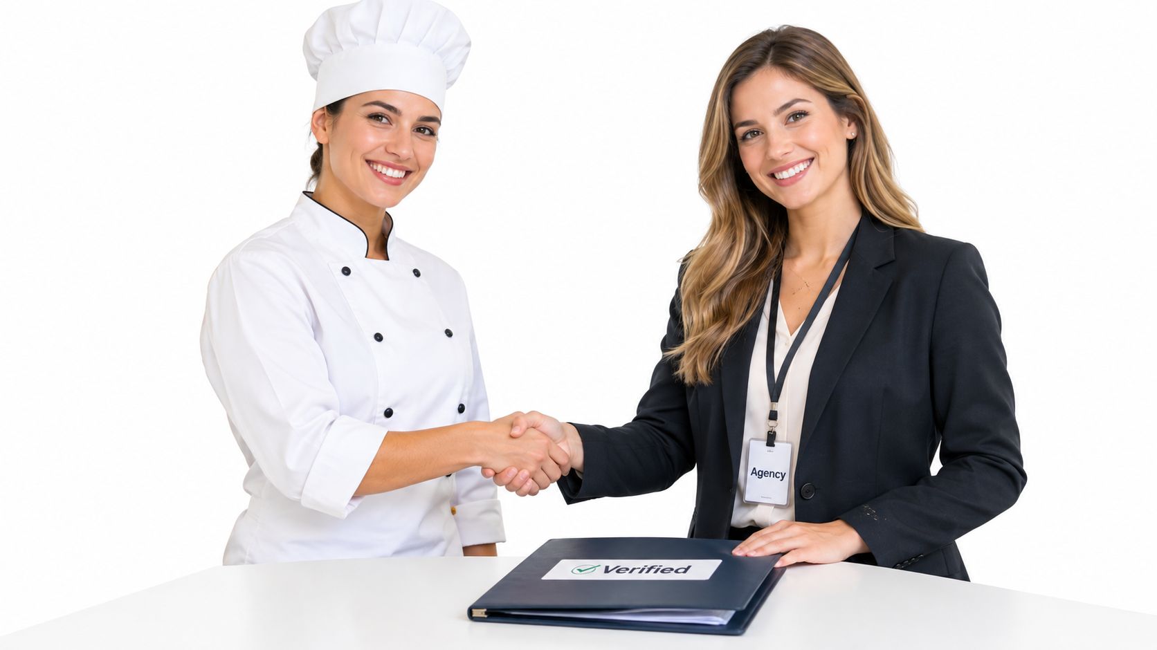 A professional chef and a recruitment agency representative shaking hands over a verified document on a desk.
