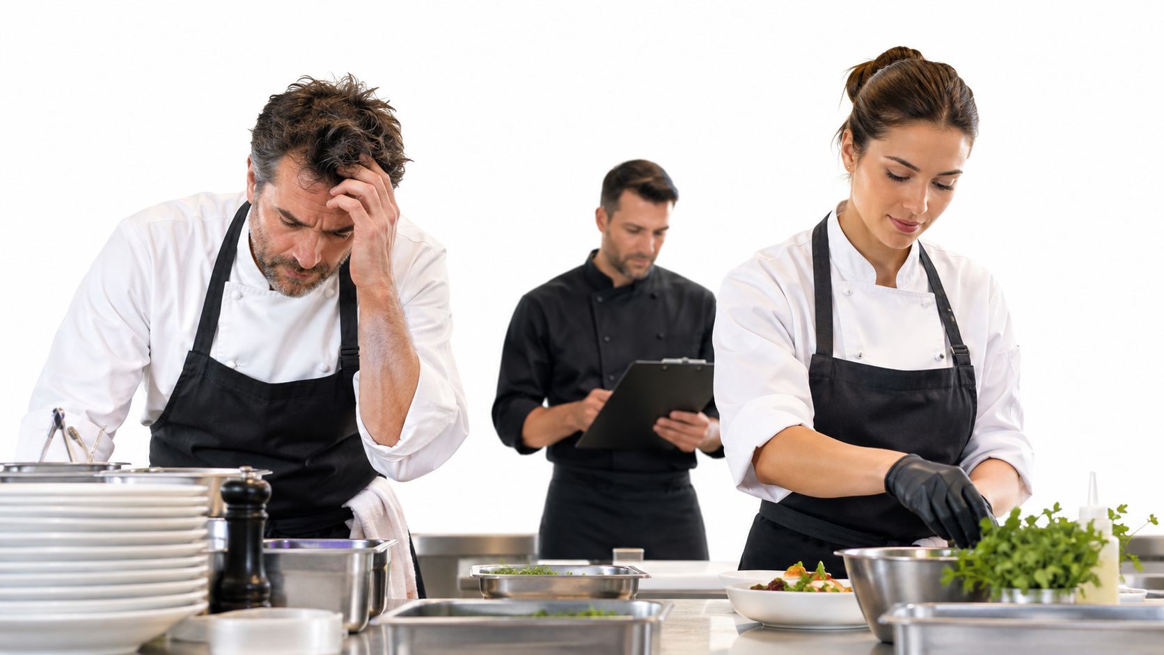 Two chefs in white uniforms working in a kitchen while a manager holds a clipboard behind them.