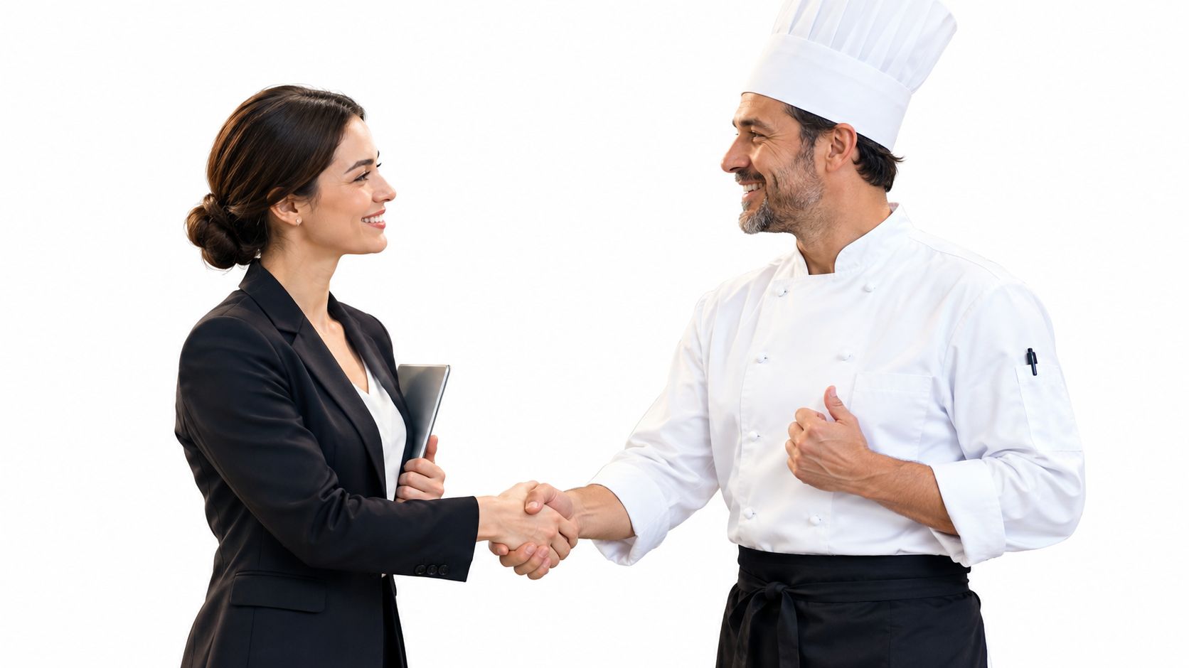 A professional businesswoman in a black suit shaking hands with a professional chef in white uniform.