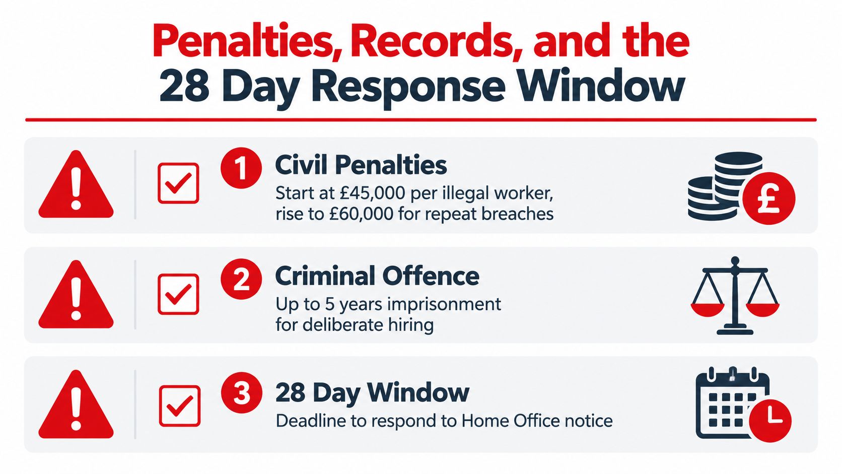 An infographic detailing UK civil penalties, criminal offences, and the 28-day response window for illegal working.