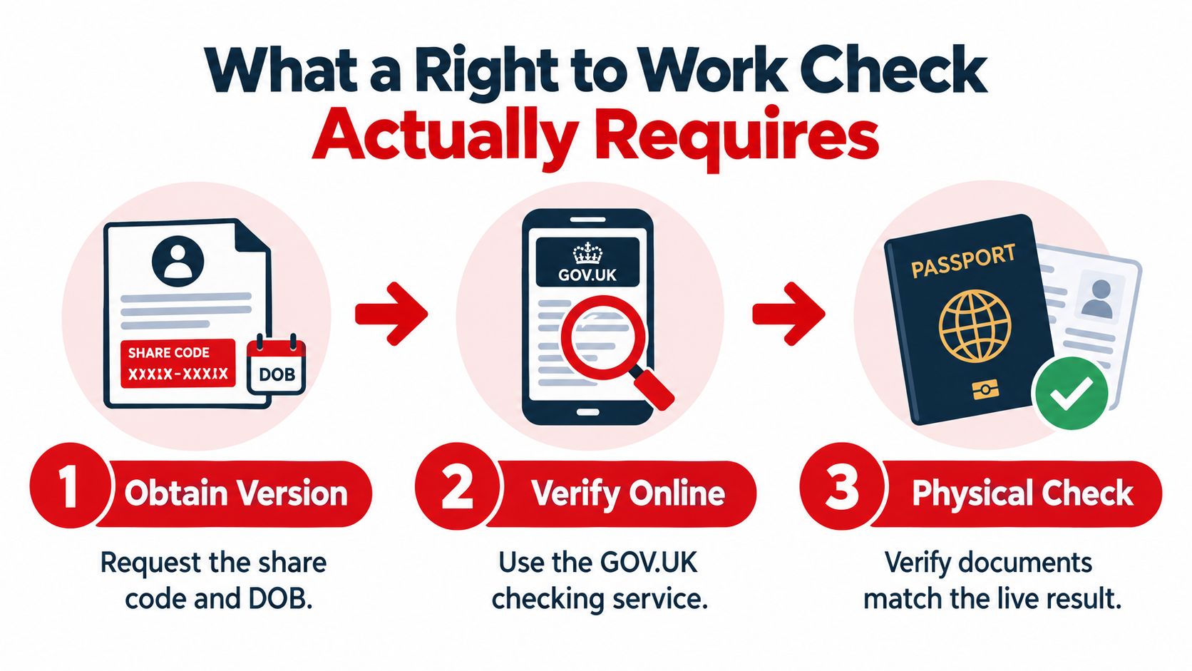 A three-step infographic explaining the process for conducting a UK right to work check for employees.