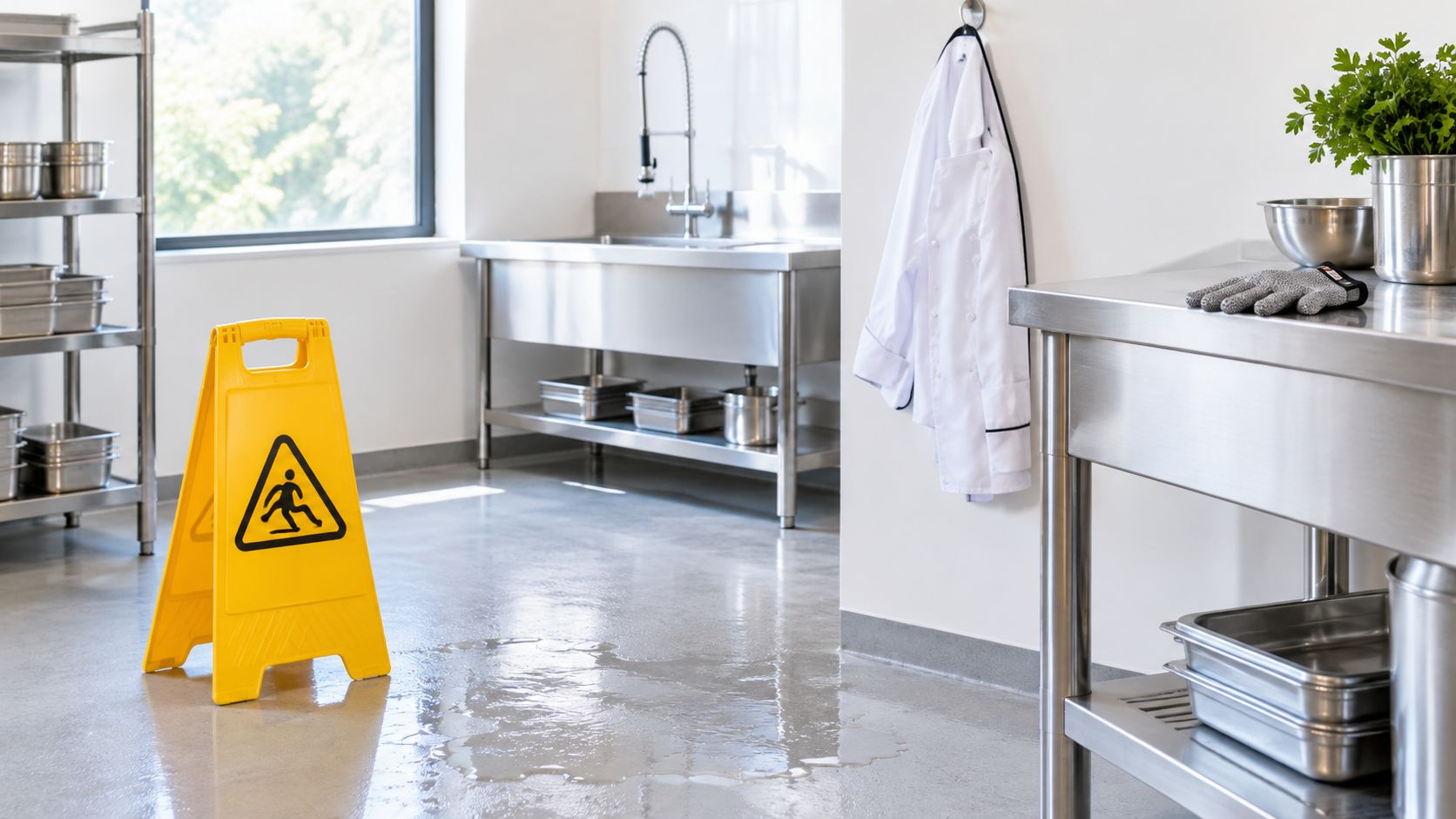 A yellow wet floor warning sign stands in the middle of a commercial kitchen on a puddle.