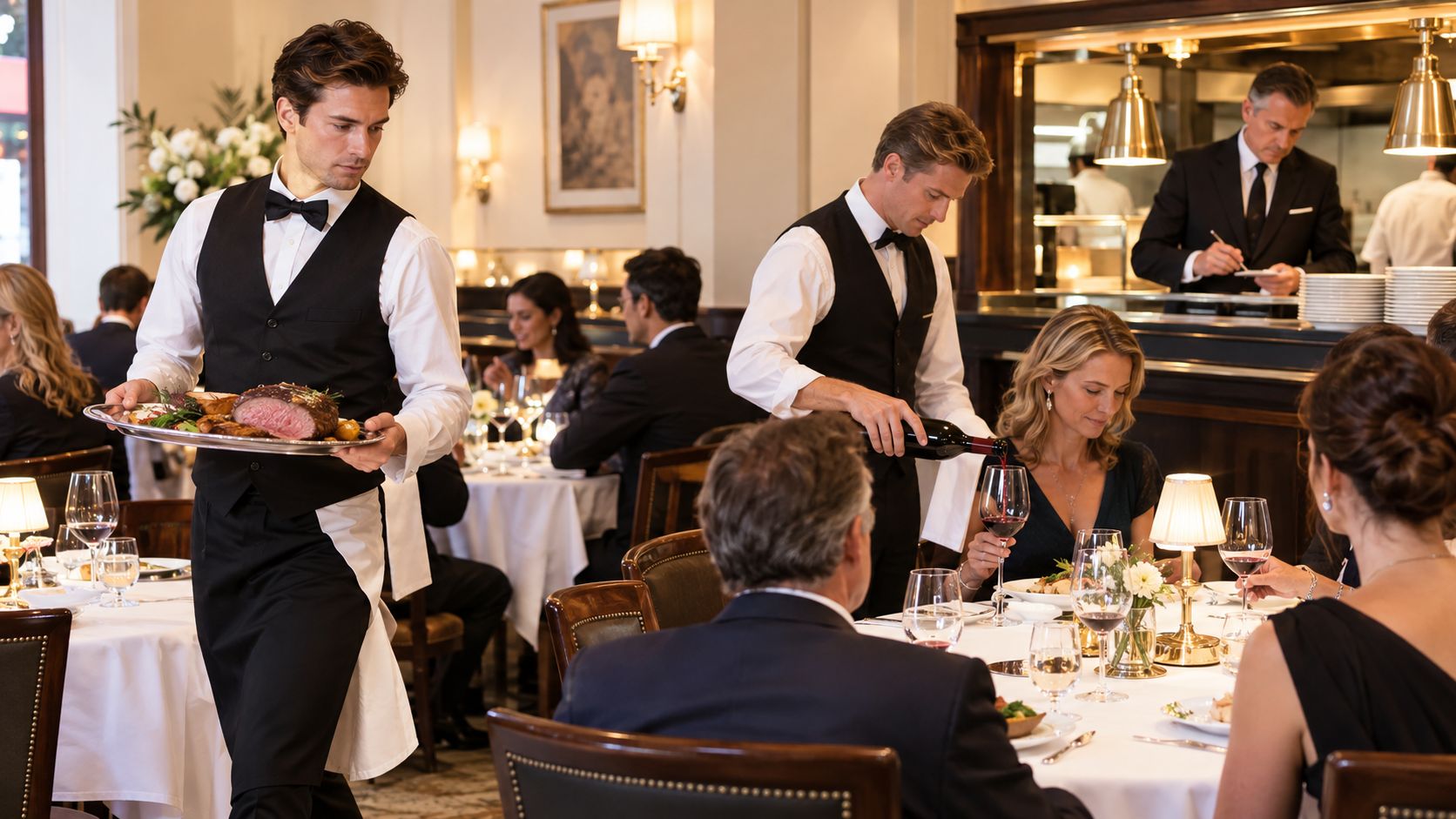 Professional servers in uniform provide attentive table service in a formal, upscale restaurant dining room setting.