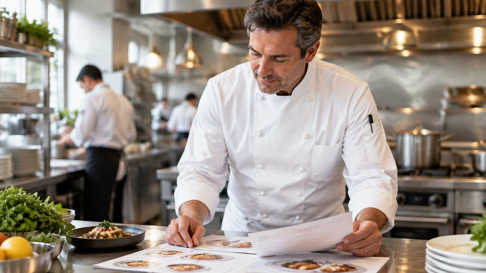 A professional executive chef in a white uniform examining a printed menu in a busy restaurant kitchen.