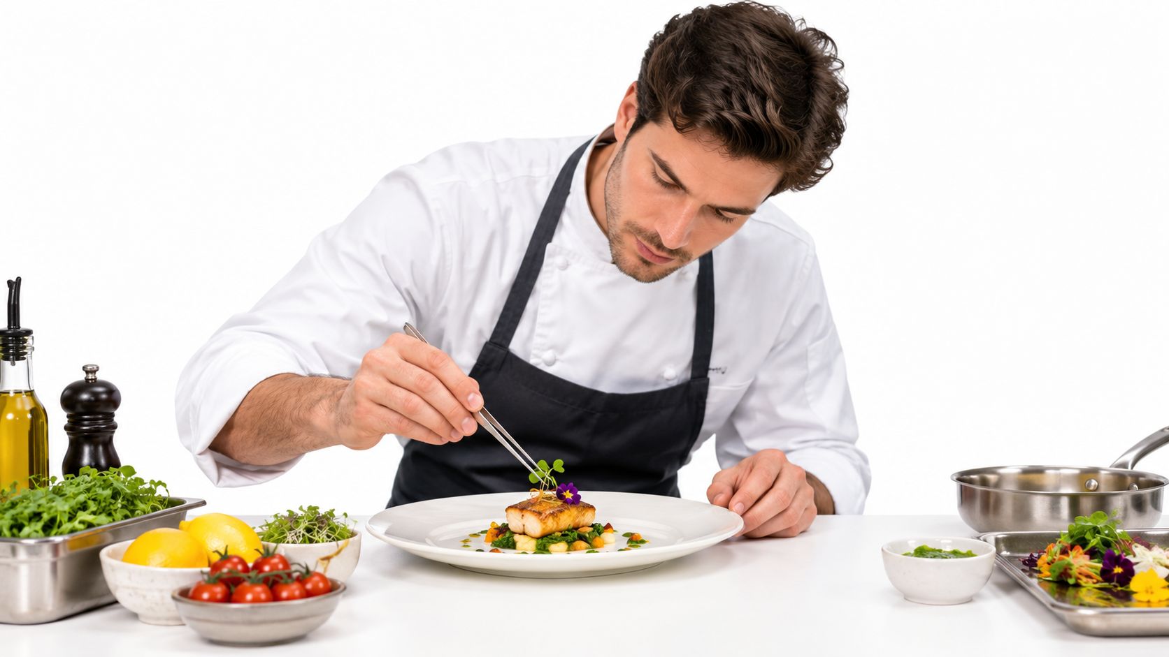 A professional chef meticulously garnishes a gourmet plated fish dish using culinary tweezers on a white background.