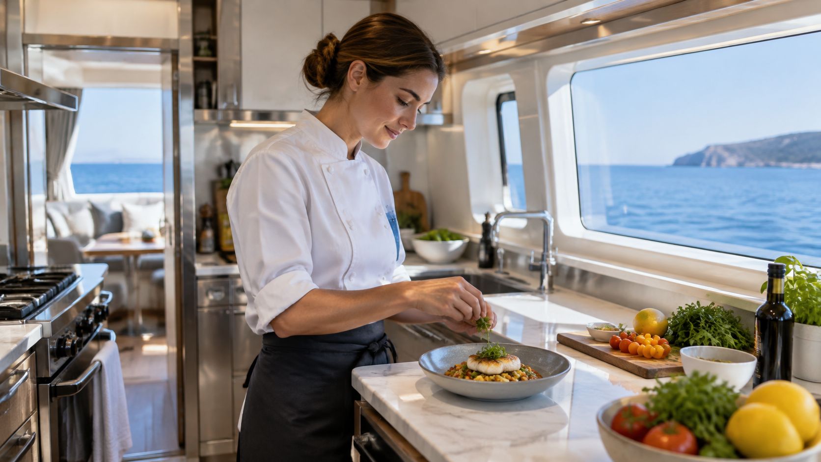 A professional yacht chef prepares a beautifully plated fish dish in a modern kitchen with ocean views.