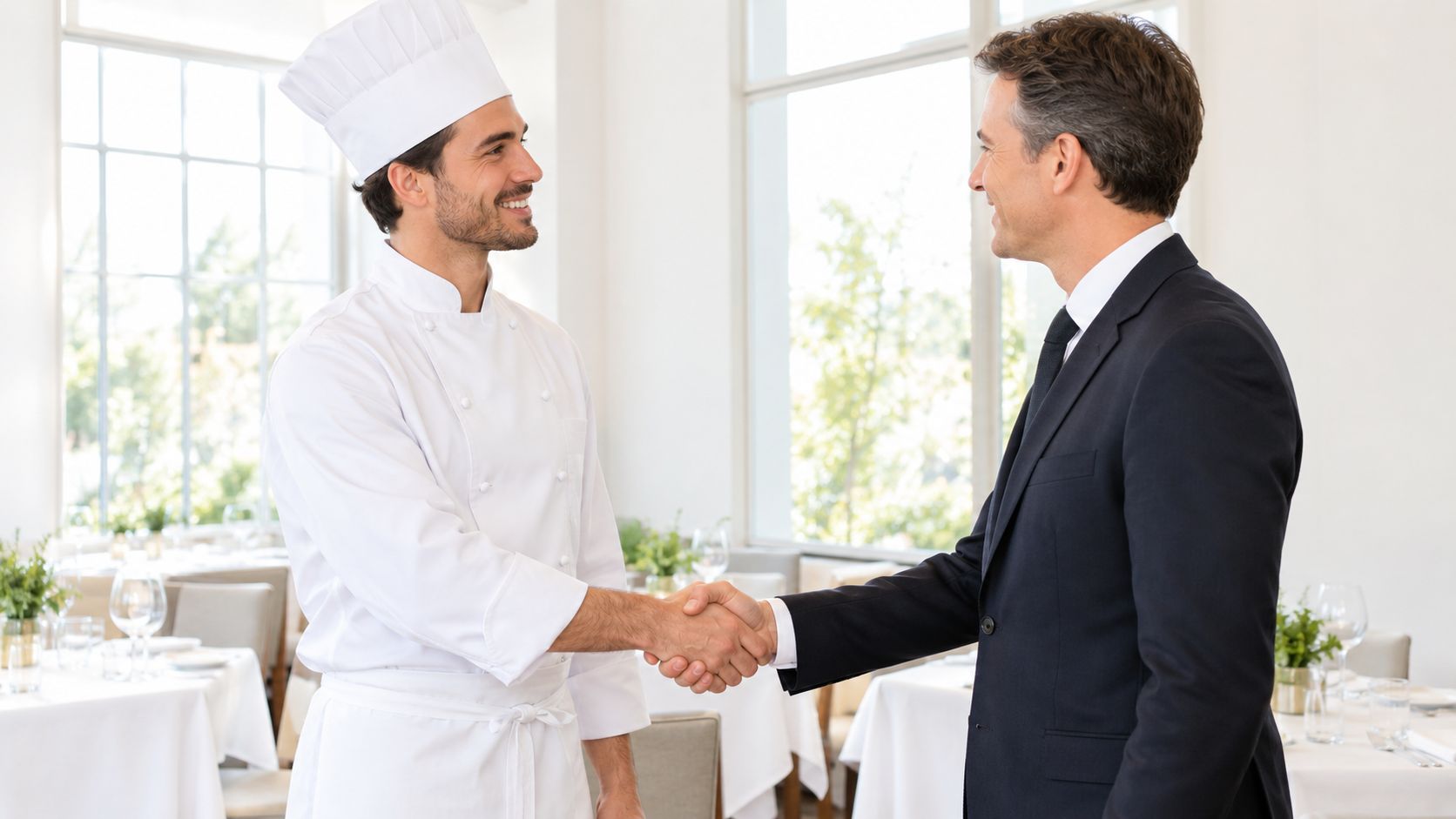 A professional chef in a white uniform shaking hands with a businessman in a suit in a restaurant.