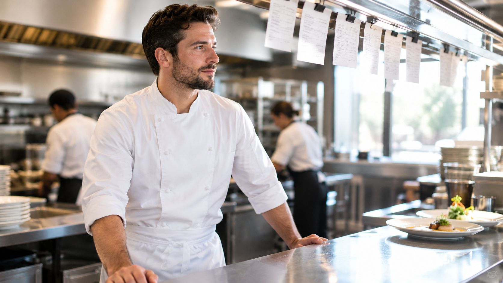 A professional chef stands in a busy commercial restaurant kitchen looking at order tickets above him.
