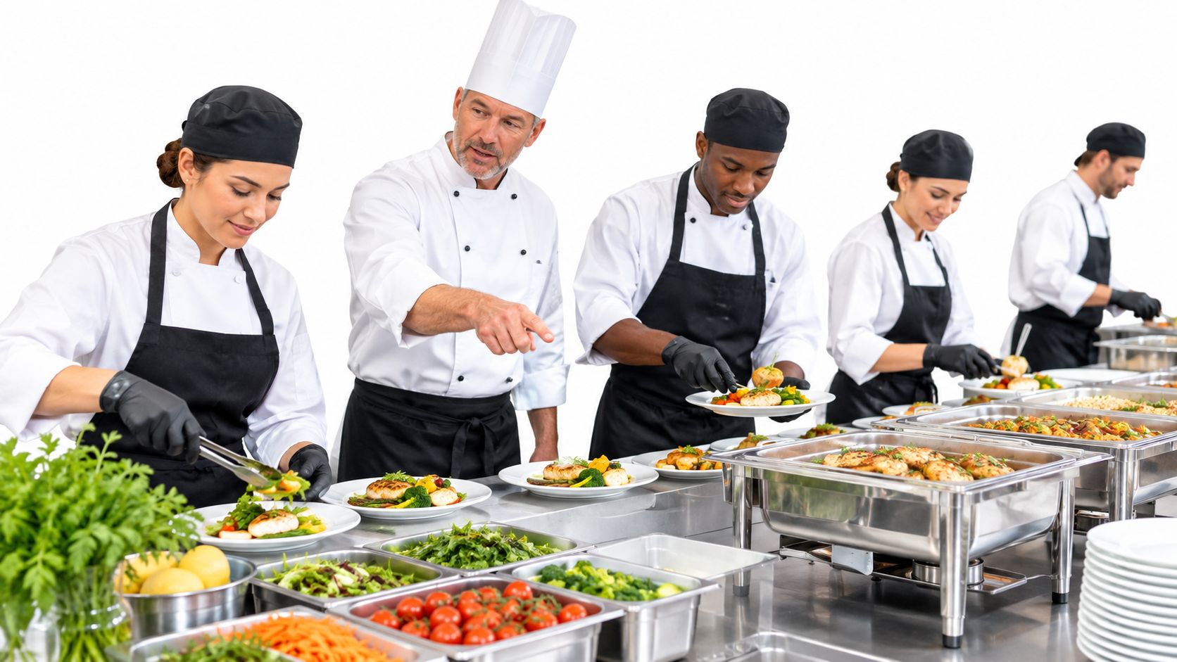 A professional team of caterers working together in a kitchen to prepare and plate gourmet meals.