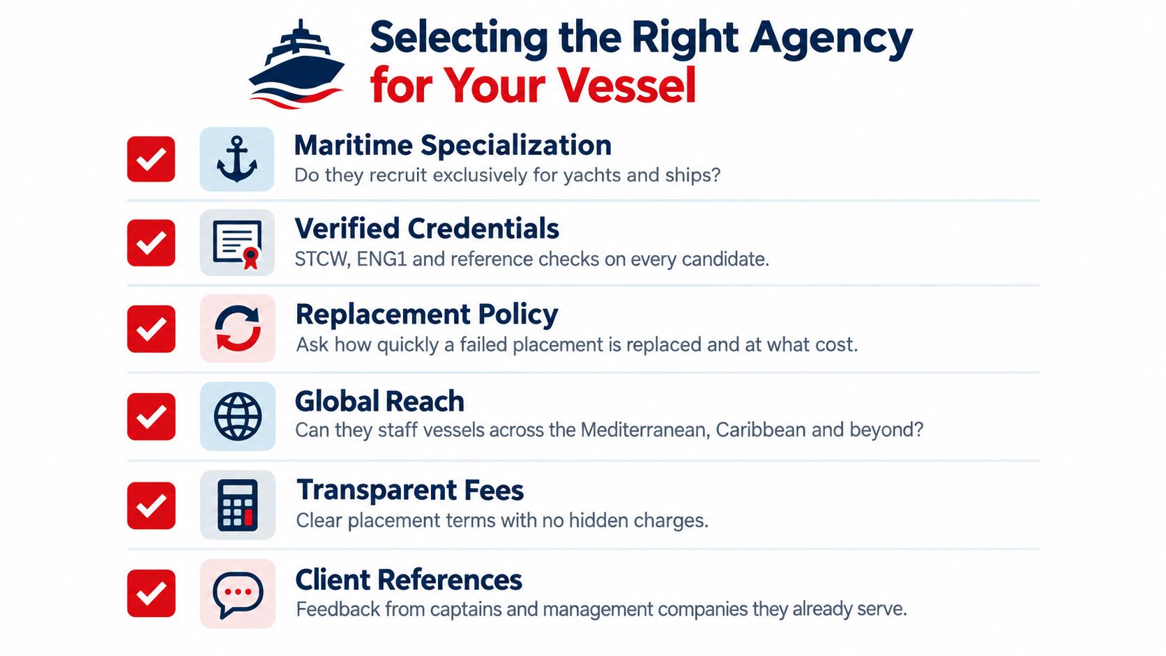 A checklist infographic titled Selecting the Right Agency for Your Vessel highlighting six key hiring criteria.